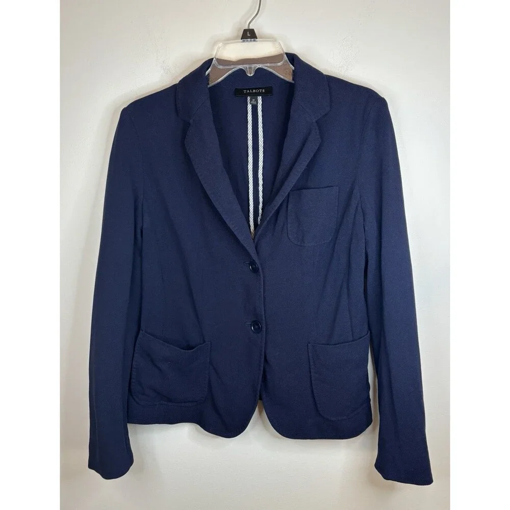 TALBOTS Blazer Navy Blue Women 10 Single Breasted Cotton Jacket Nautical Office - Picture 1 of 14